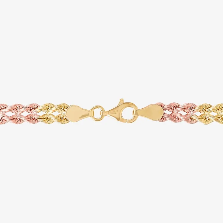 Womens 10K Tri-Color Gold 7.5 Inch Hollow Rope Butterfly Chain Bracelet