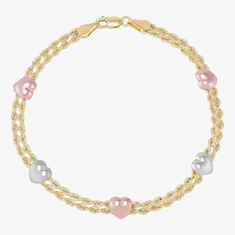 Womens 10K Tri-Color Gold 7.5 Inch Hollow Rope Chain Bracelet