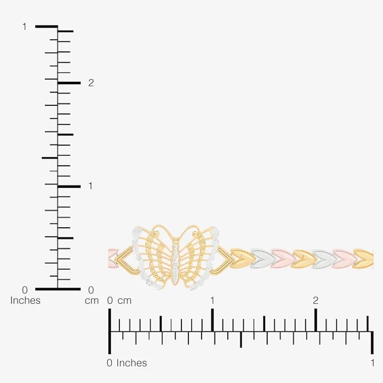 Womens 14K Tri-Color Gold Solid Butterfly 7.5 Inch Link Bracelet