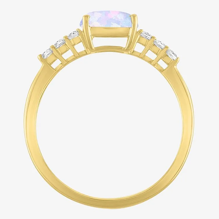 Womens Lab Created Gemstone 10K Gold Side Stone Solitaire Cushion Cocktail Ring