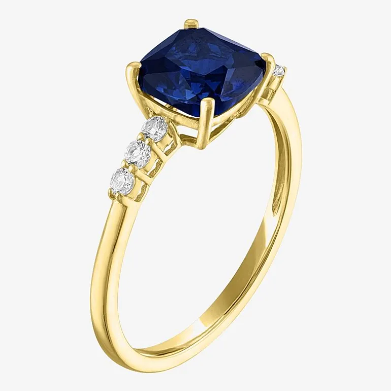 Womens Lab Created Gemstone 10K Gold Side Stone Solitaire Cushion Cocktail Ring