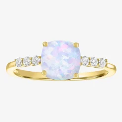 Womens Lab Created Gemstone 10K Gold Side Stone Solitaire Cushion Cocktail Ring