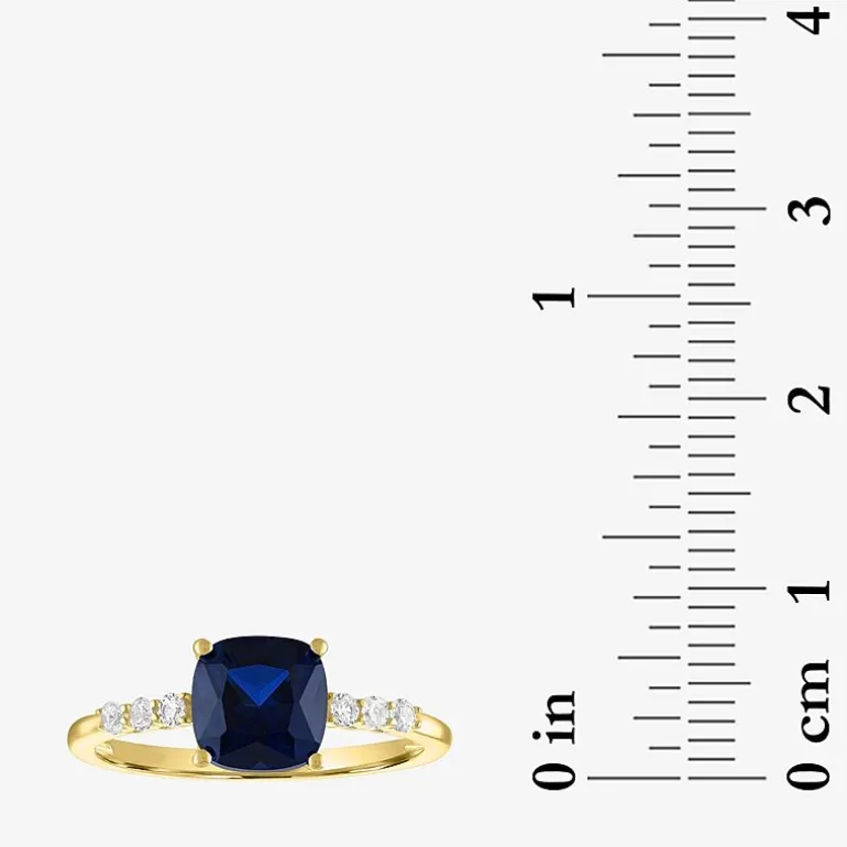 Womens Lab Created Gemstone 10K Gold Side Stone Solitaire Cushion Cocktail Ring