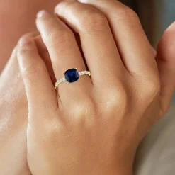 Womens Lab Created Gemstone 10K Gold Side Stone Solitaire Cushion Cocktail Ring