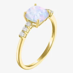 Womens Lab Created Gemstone 10K Gold Side Stone Solitaire Cushion Cocktail Ring