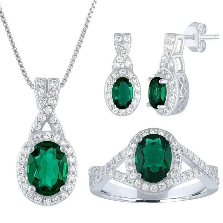 Womens Lab Created Green Emerald Sterling Silver Jewelry Set