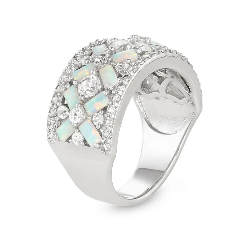Womens 6MM Lab Created White Opal Sterling Silver Band