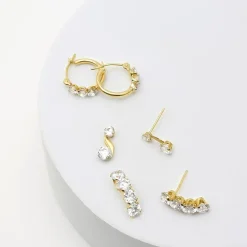 Womens 3 Pair Cubic Zirconia 14K Gold Earring Set