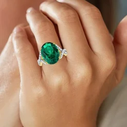 Womens Simulated Green Emerald 14K Gold Over Silver Oval Side Stone Cocktail Ring