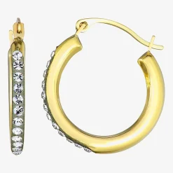 Womens White Crystal 10K Gold 18mm Round Hoop Earrings