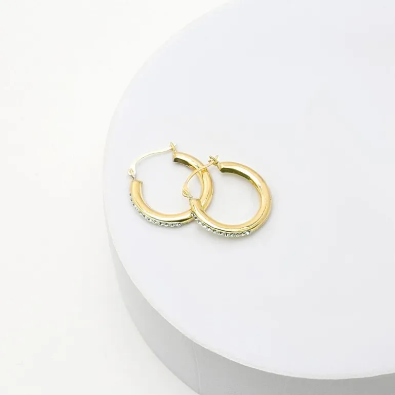 Womens White Crystal 10K Gold 18mm Round Hoop Earrings