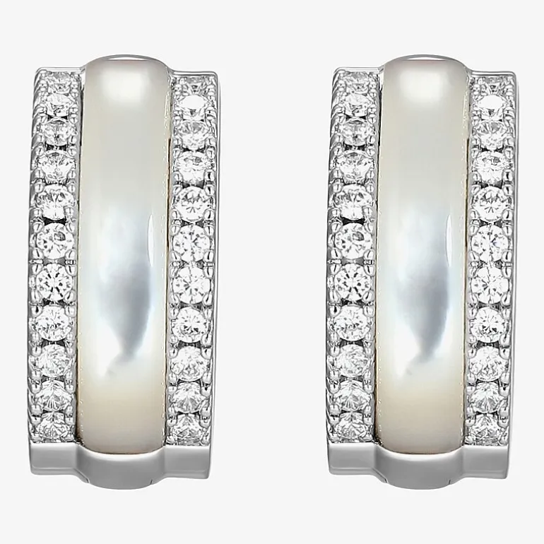 Womens White Mother Of Pearl Sterling Silver 15.6mm Hoop Earrings