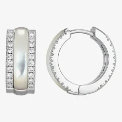 Womens White Mother Of Pearl Sterling Silver 15.6mm Hoop Earrings