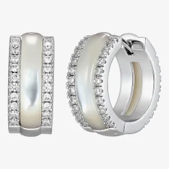 Womens White Mother Of Pearl Sterling Silver 15.6mm Hoop Earrings