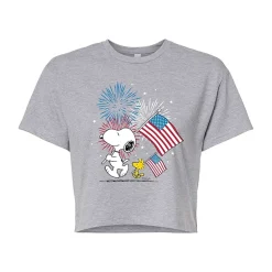 Woodstock Flag Cropped Womens Juniors Crew Neck Short Sleeve Regular Fit Peanuts Snoopy Graphic T-Shirt