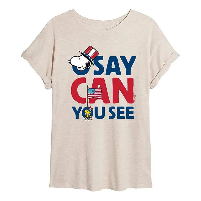 Woodstock O Say Can You See Womens Juniors Crew Neck Short Sleeve Oversized Peanuts Snoopy Graphic T-Shirt