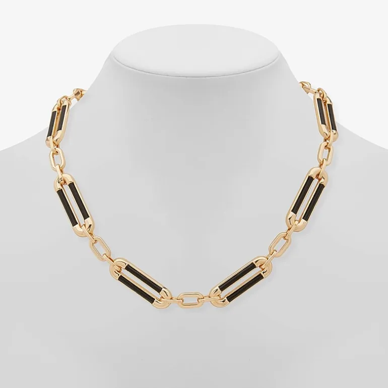 Worthington Gold Tone & Black Leather Link Womens 17 Inch Collar Necklace