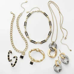 Worthington Gold Tone & Black Leather Link Womens 17 Inch Collar Necklace