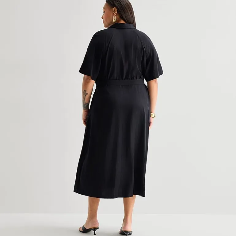 Worthington Plus Womens Short Sleeve Tie Belt Shirt Dress