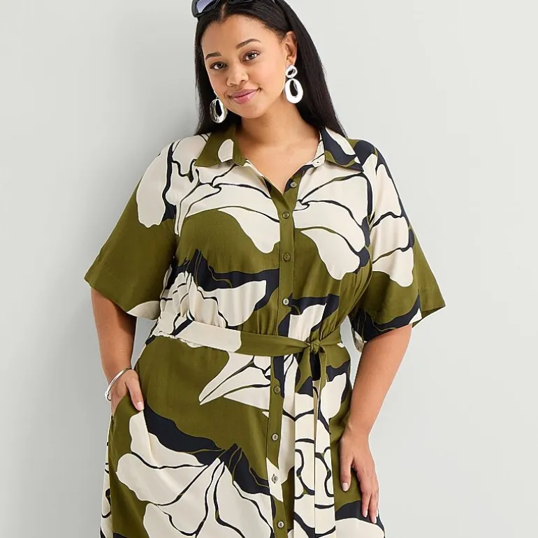 Worthington Plus Womens Short Sleeve Tie Belt Shirt Dress