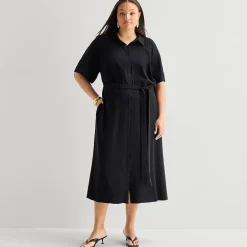 Worthington Plus Womens Short Sleeve Tie Belt Shirt Dress