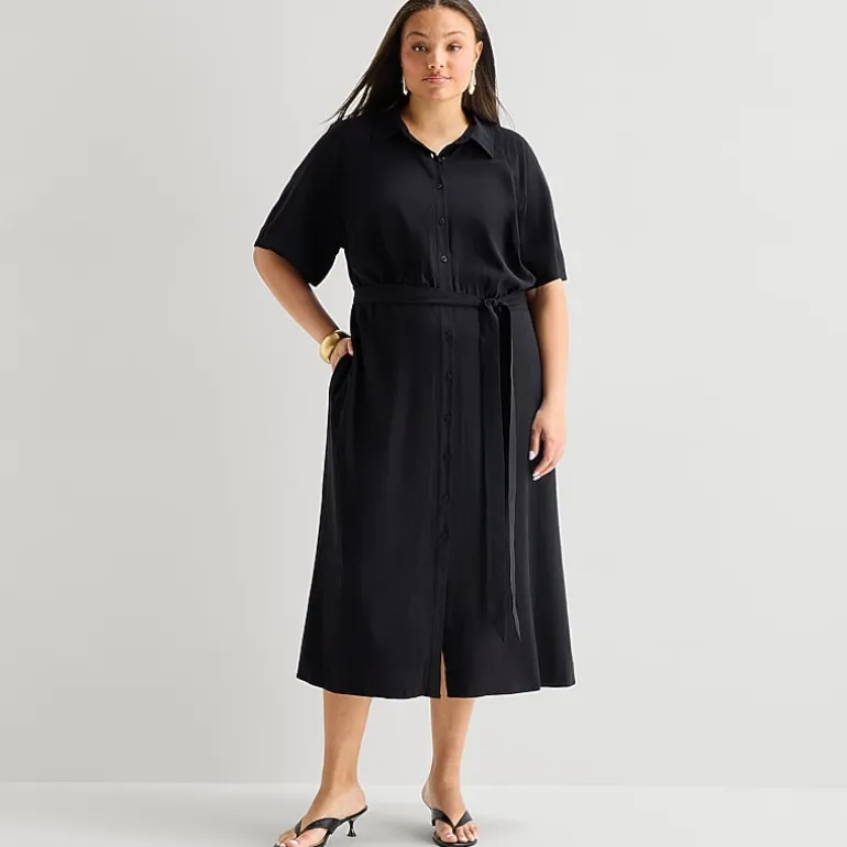 Worthington Plus Womens Short Sleeve Tie Belt Shirt Dress