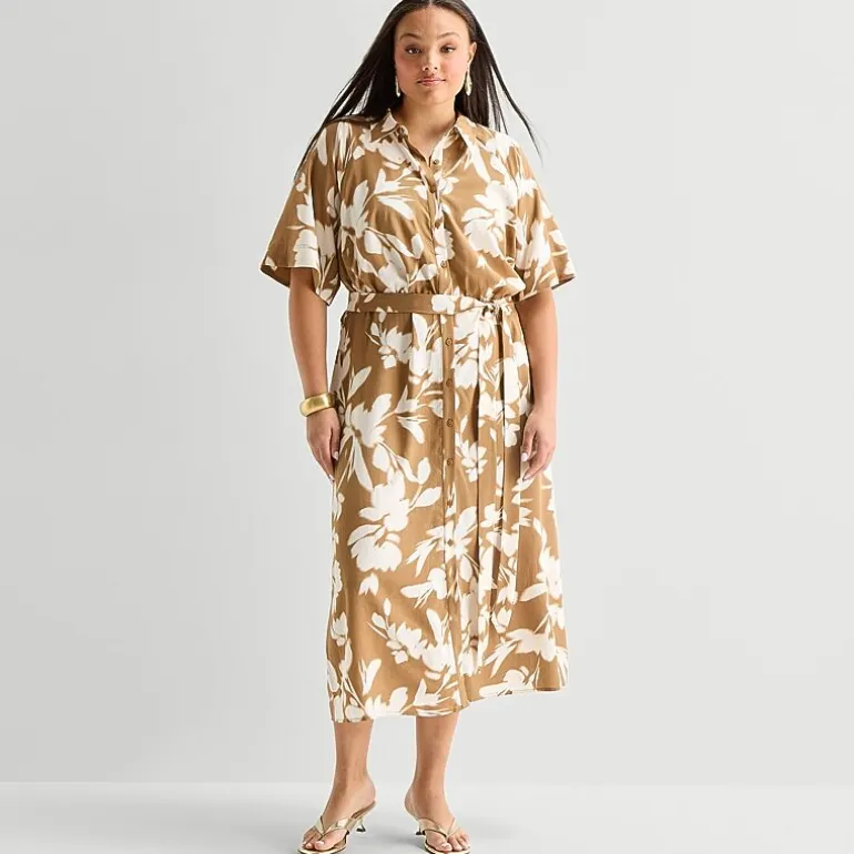 Worthington Plus Womens Short Sleeve Tie Belt Shirt Dress