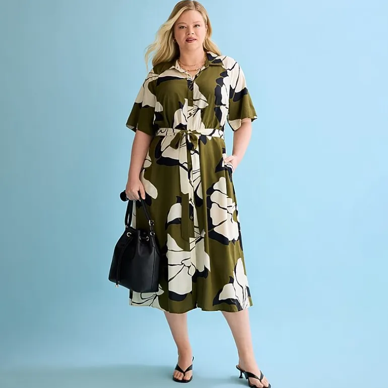 Worthington Plus Womens Short Sleeve Tie Belt Shirt Dress