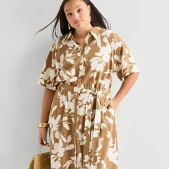 Worthington Plus Womens Short Sleeve Tie Belt Shirt Dress