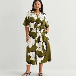 Worthington Plus Womens Short Sleeve Tie Belt Shirt Dress