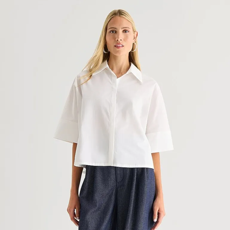 Worthington Womens Cuffed Short Sleeve Regular Fit Poplin Button-Down Shirt