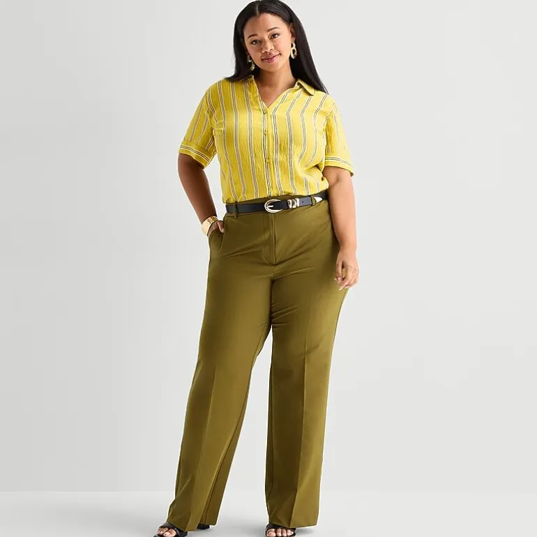 Worthington Womens Plus Cuffed Short Sleeve Slim Fit Button-Down Shirt
