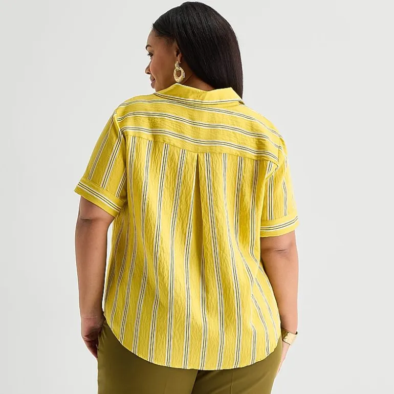 Worthington Womens Plus Cuffed Short Sleeve Slim Fit Button-Down Shirt