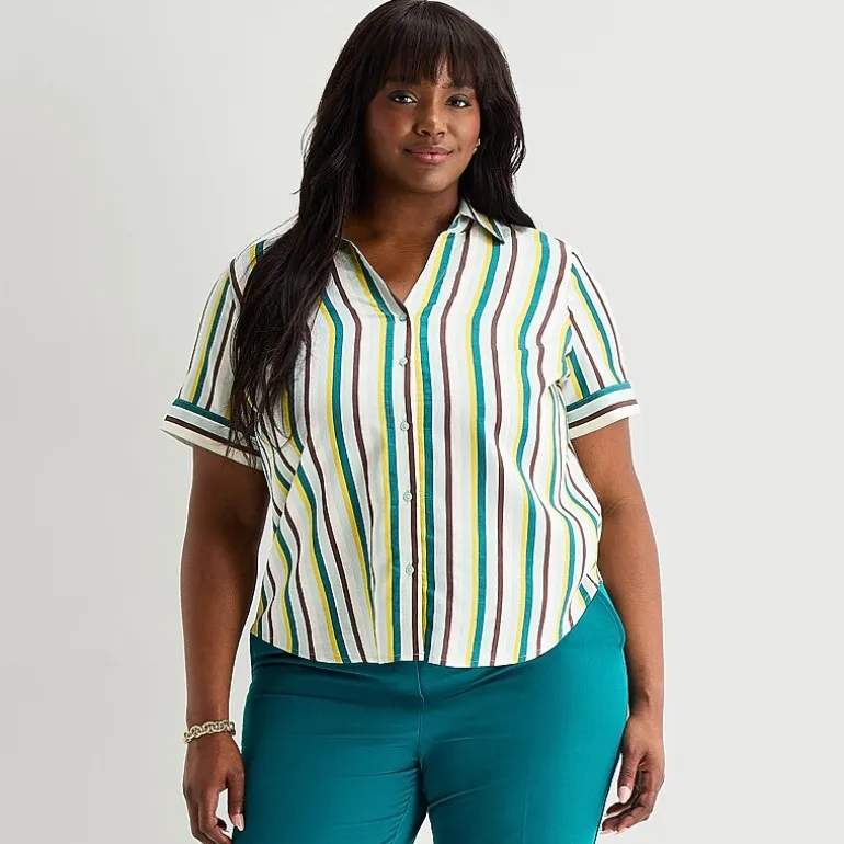 Worthington Womens Plus Cuffed Short Sleeve Slim Fit Button-Down Shirt
