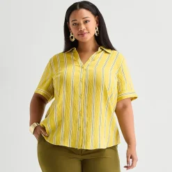 Worthington Womens Plus Cuffed Short Sleeve Slim Fit Button-Down Shirt