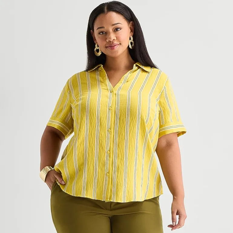 Worthington Womens Plus Cuffed Short Sleeve Slim Fit Button-Down Shirt