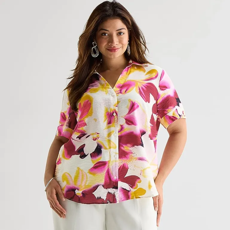 Worthington Womens Plus Cuffed Short Sleeve Slim Fit Button-Down Shirt