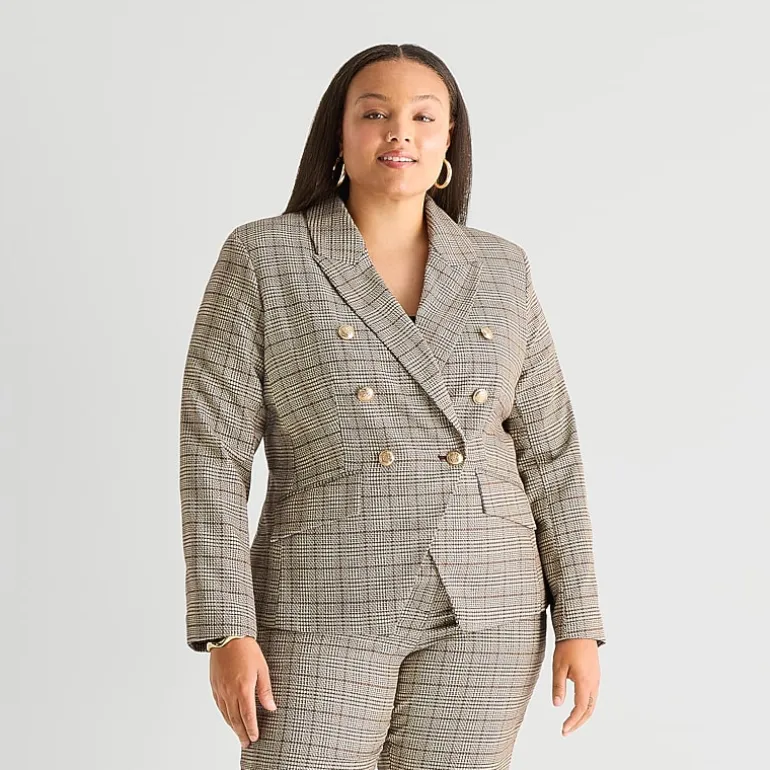 Worthington Womens Plus Double Breasted Plaid Regular Fit Blazer