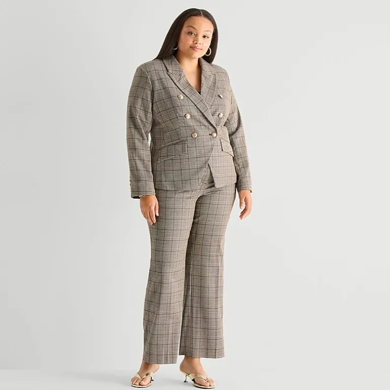 Worthington Womens Plus Double Breasted Plaid Regular Fit Blazer