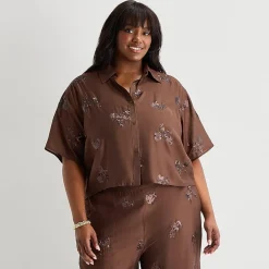 Worthington Womens Plus Drop Shoulder Short Sleeve Regular Fit Button-Down Shirt