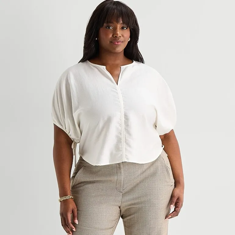 Worthington Womens Plus Split Crew Neck Elbow Sleeve Blouse