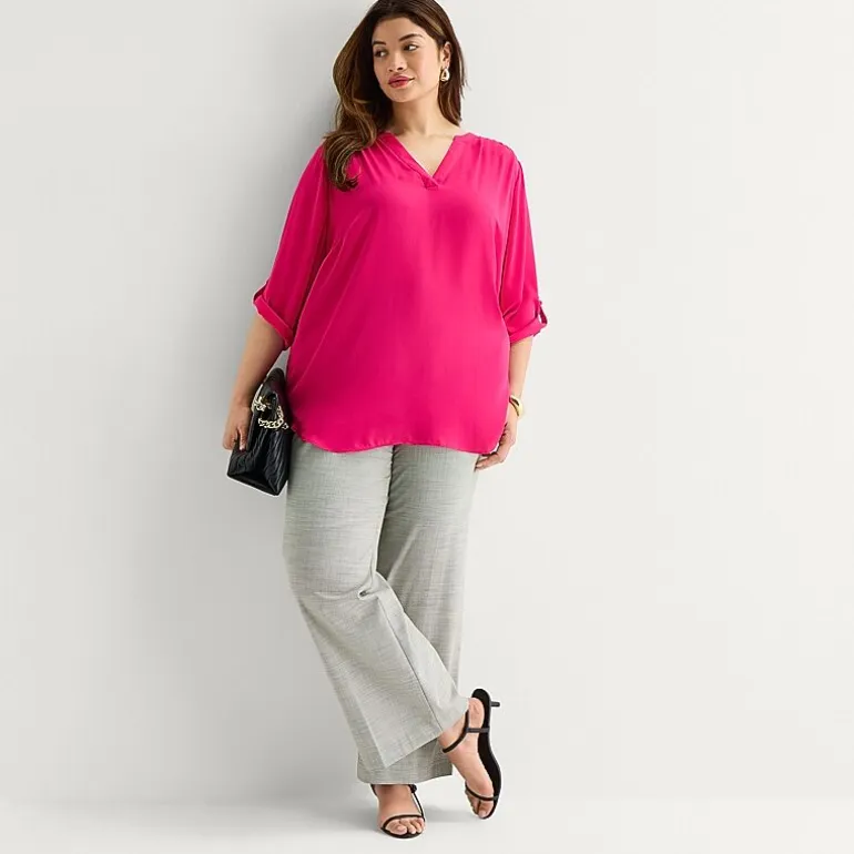 Worthington Womens Plus Split Crew Neck 3/4 Sleeve Blouse