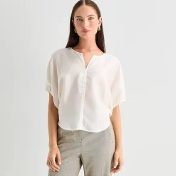 Worthington Womens Split Crew Neck Elbow Sleeve Blouse