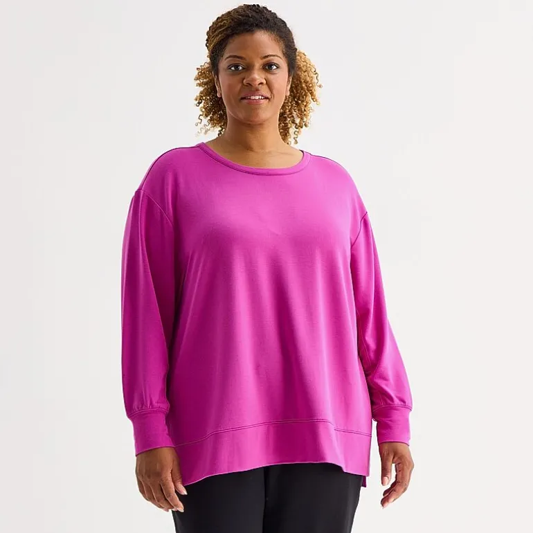 Xersion Womens Soft French Terry Crew Neck Long Sleeve Sweatshirt Plus