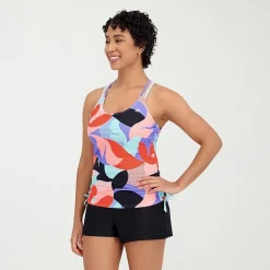 ZeroXposur Womens Built In Bra Geo Linear Tankini Swimsuit Top